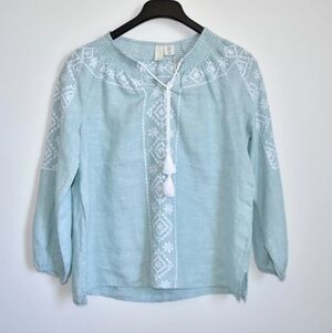 Joie 100% Linen Boho Blouse Embroidered Long Bell Sleeve Top - Turquoise - Med